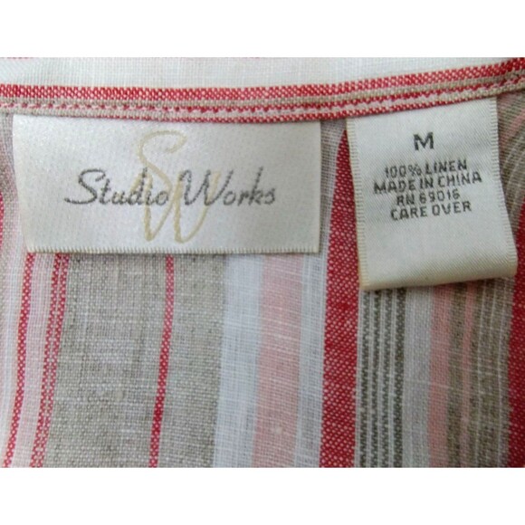 Studio Works Shirt Size M Linen Tan Red Stripe Tab Sleeve Resort Beach Coastal - Picture 5 of 7
